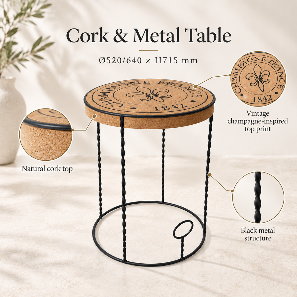 Cork & Metal Table infographic with Ø520/640 × H715 mm dimensions, natural cork top and black metal structure