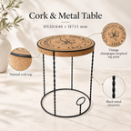 Cork & Metal Table infographic with Ø520/640 × H715 mm dimensions, natural cork top and black metal structure