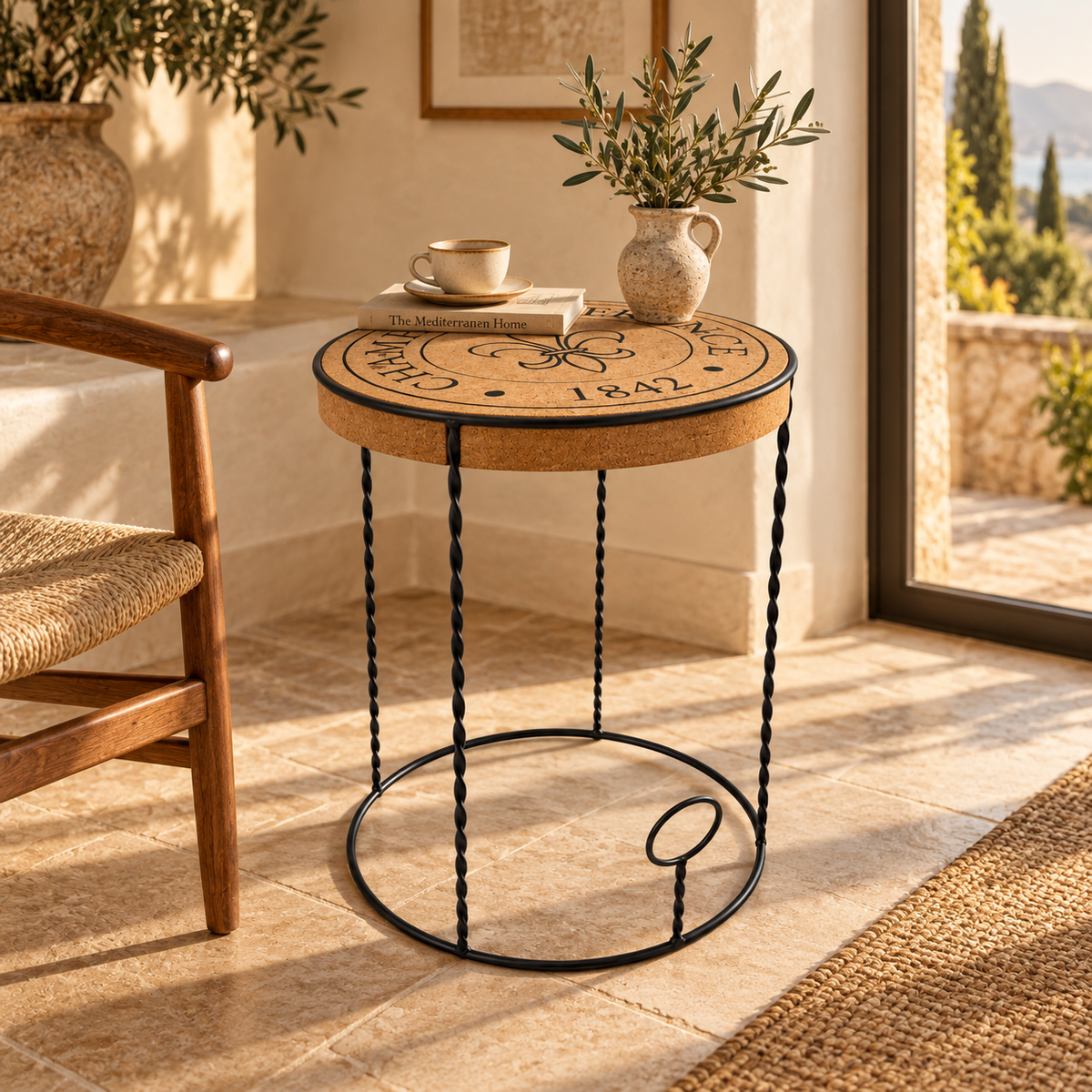 Cork & Metal Table in a warm Mediterranean-inspired interior