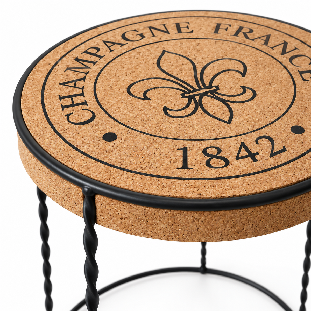 Macro detail of the natural cork tabletop, decorative top print and black metal rim
