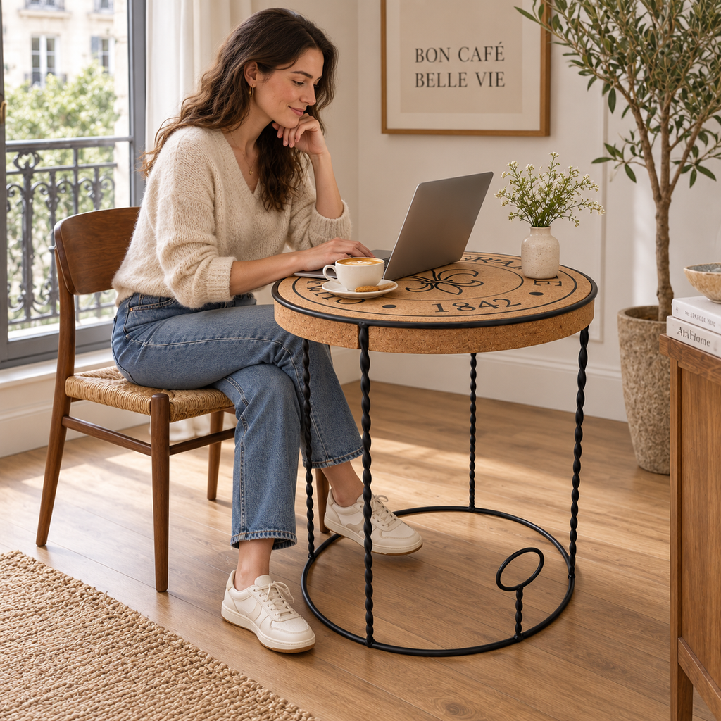 Cork & Metal Table used as a compact café or work table at dining height