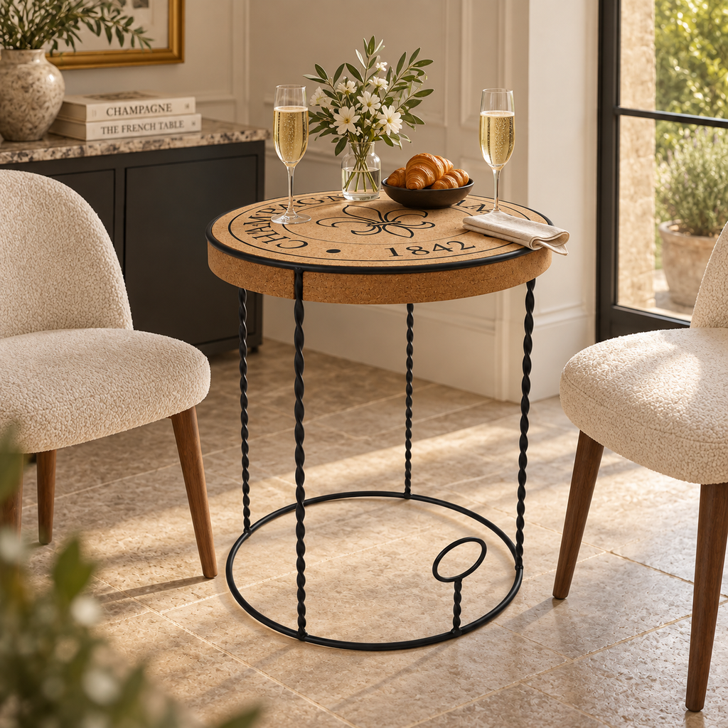 Cork & Metal Table used for two-person dining or drinks at standard table height