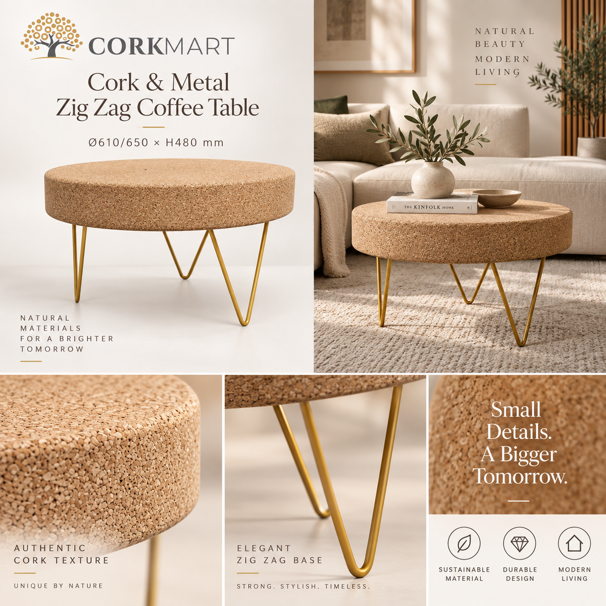 Cork & Metal Zig Zag Coffee Table editorial collage with official CorkMart logo, real use, cork texture and dimensions