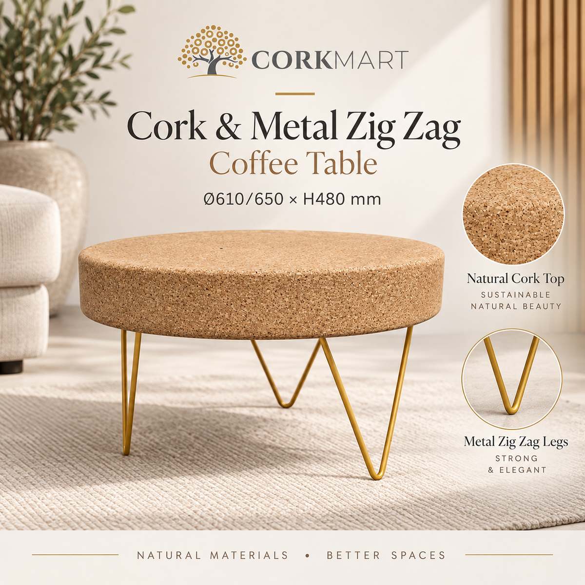Cork & Metal Zig Zag Coffee Table infographic with official CorkMart logo, Ø610/650 × H480 mm dimensions and natural cork top