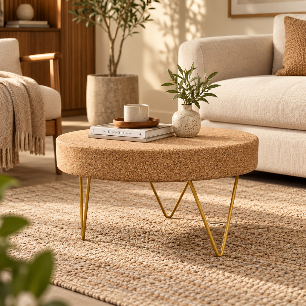 Cork & Metal Zig Zag Coffee Table used in a living room with books, a cup and decorative vase