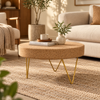 Cork & Metal Zig Zag Coffee Table used in a living room with books, a cup and decorative vase