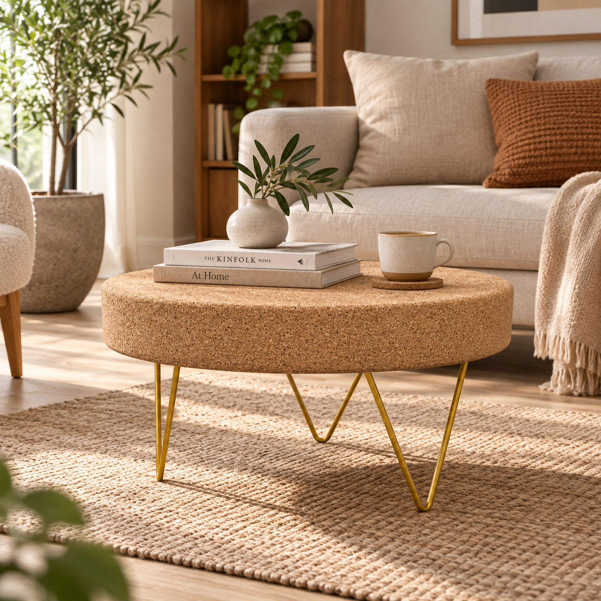 Cork & Metal Zig Zag Coffee Table used as a low coffee table in a warm residential lounge
