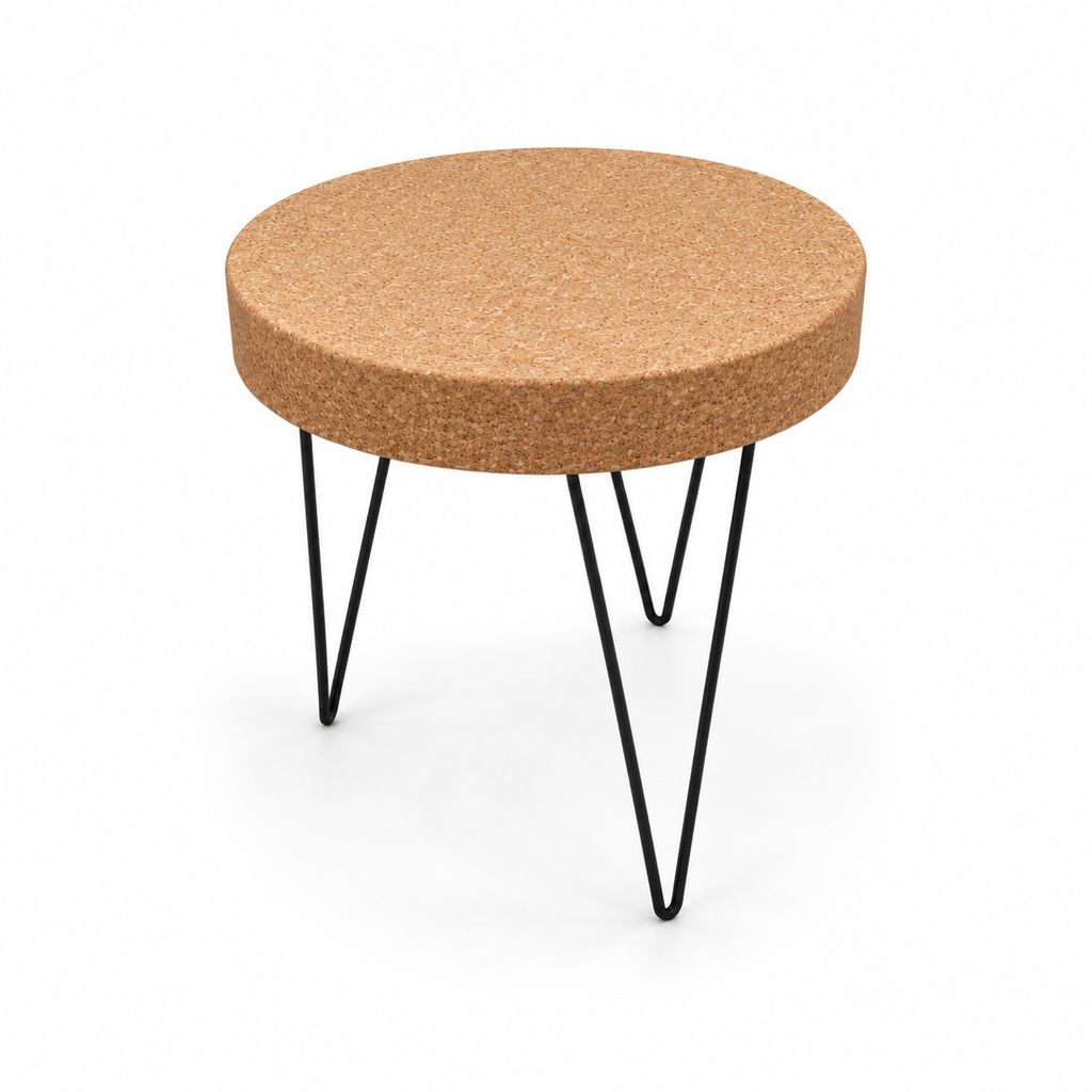 Cork & Metal Zig Zag Table, angled studio view showing round cork top and black metal zig-zag legs