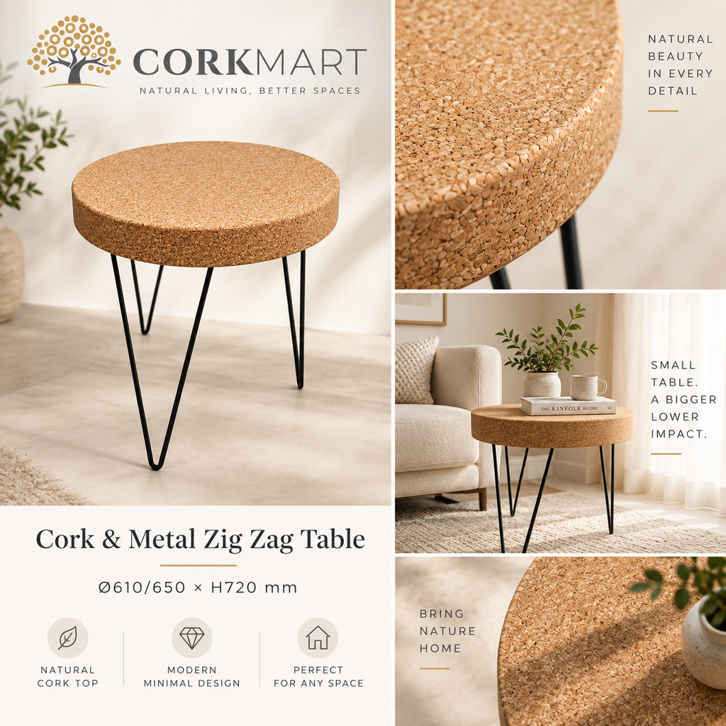 Cork & Metal Zig Zag Table editorial collage with official CorkMart logo, real use, cork texture and dimensions