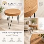 Cork & Metal Zig Zag Table editorial collage with official CorkMart logo, real use, cork texture and dimensions