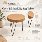 Cork & Metal Zig Zag Table infographic with official CorkMart logo, Ø610/650 × H720 mm dimensions, cork top and black metal legs