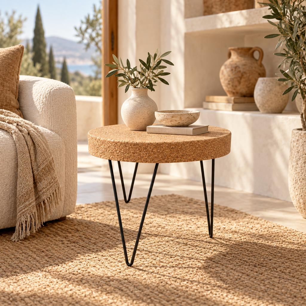 Cork & Metal Zig Zag Table in a warm Mediterranean-inspired interior