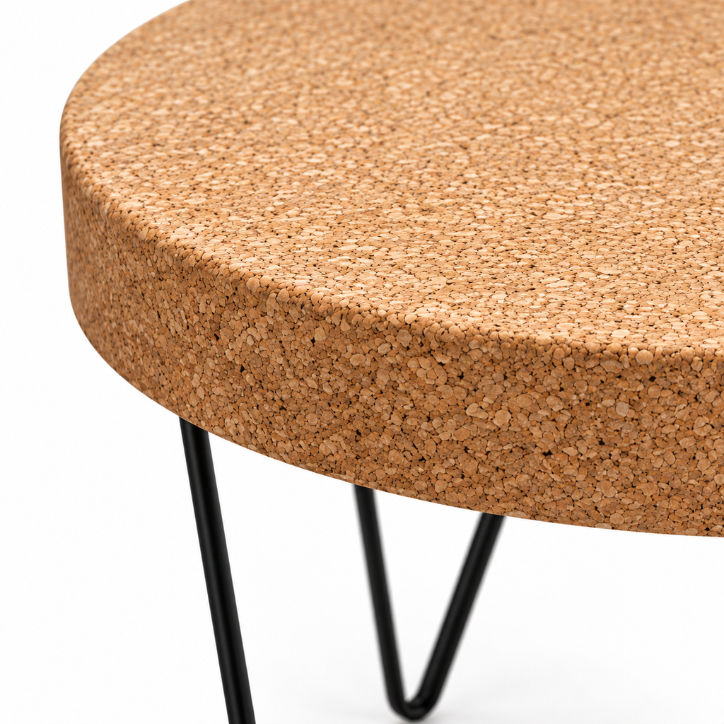 Macro detail of natural cork tabletop edge and black metal zig-zag leg structure