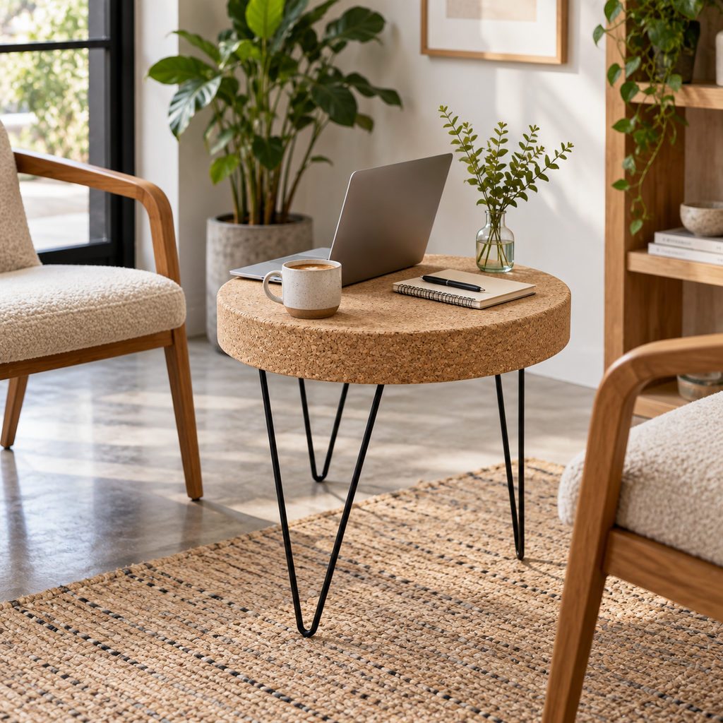Cork & Metal Zig Zag Table used as a compact work table with laptop and notebook