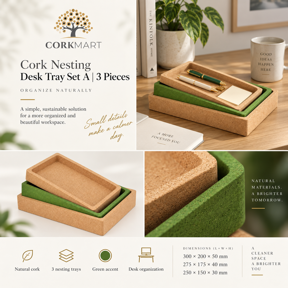 Cork Nesting Desk Tray Set A editorial collage