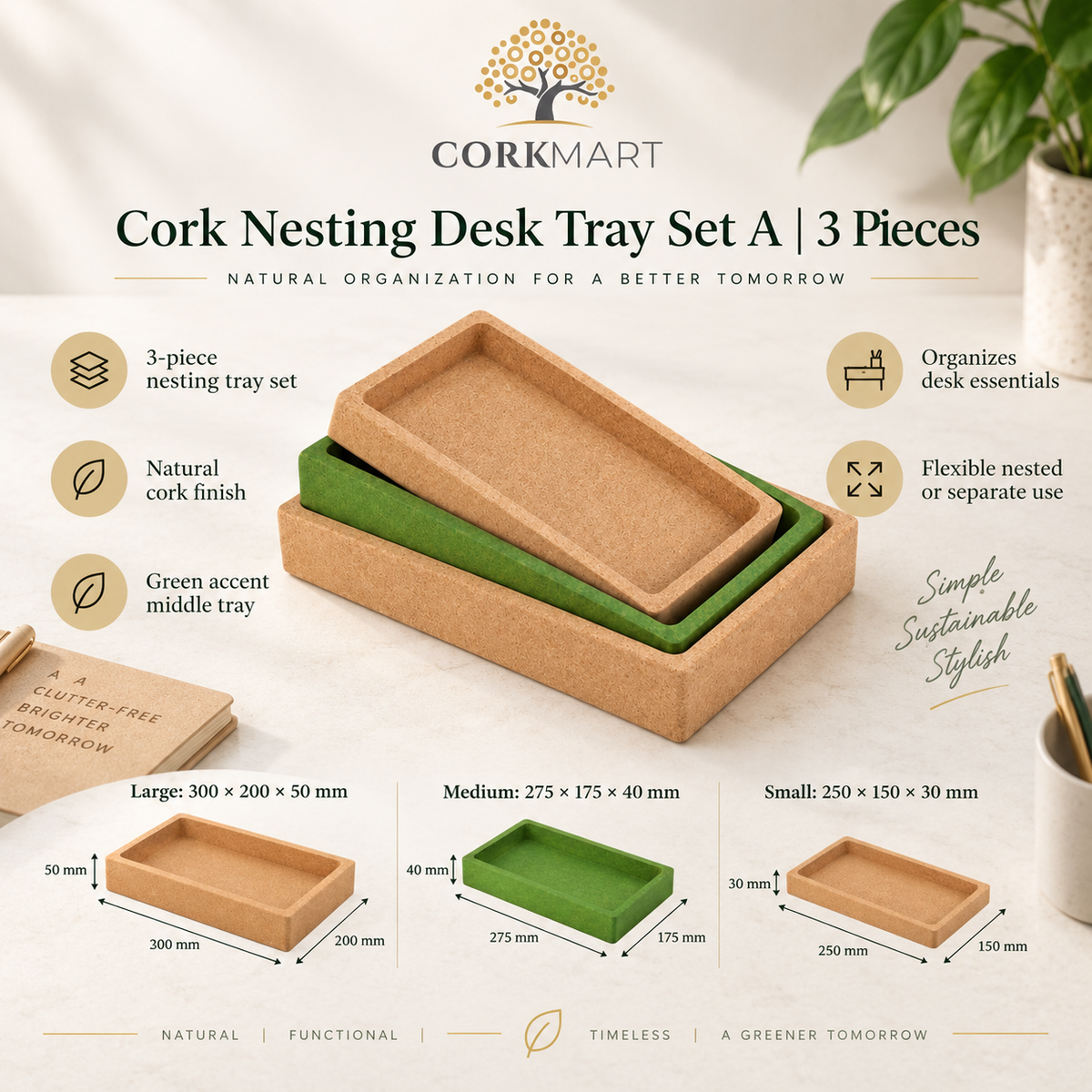 Cork Nesting Desk Tray Set A infographic with sizes and features
