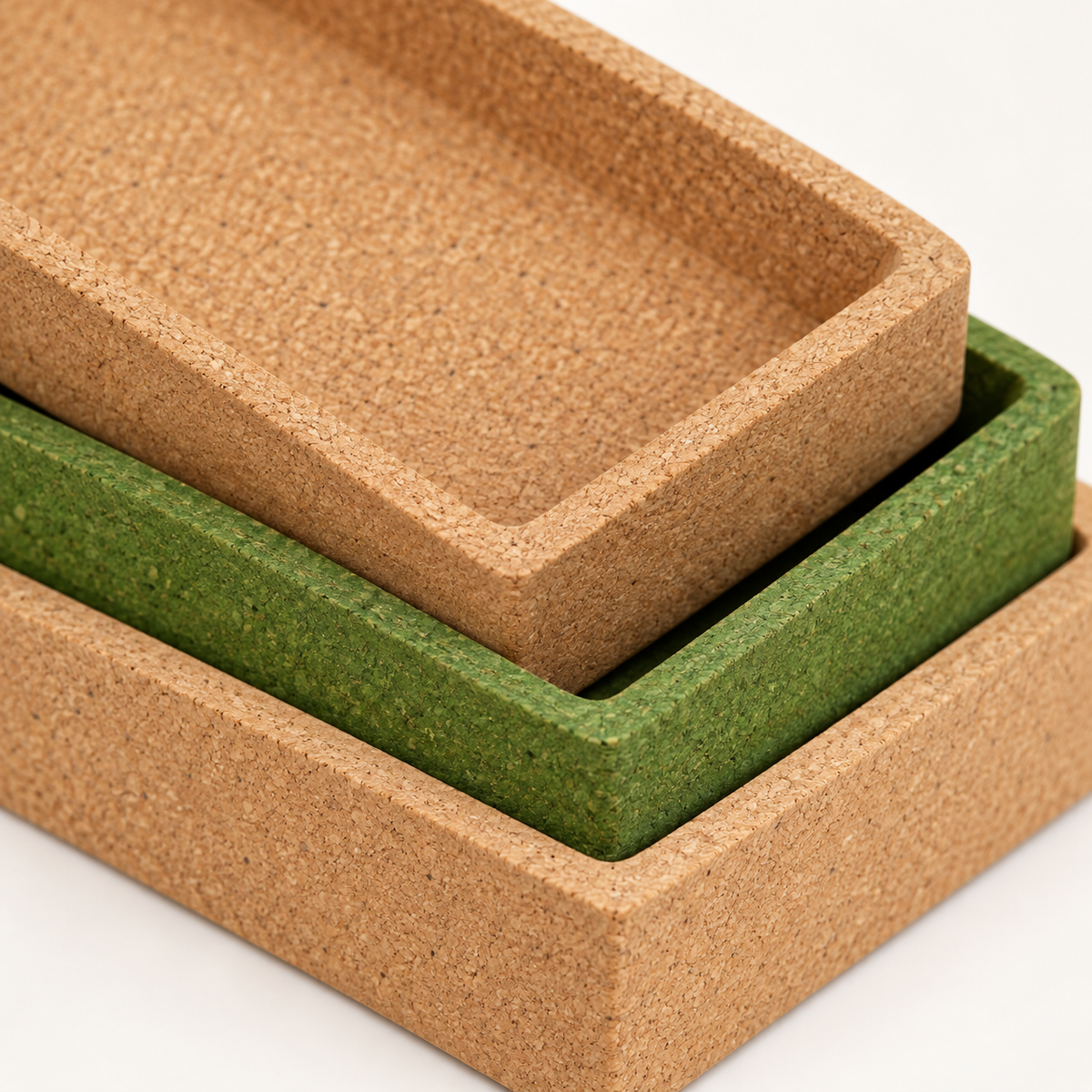 Cork Nesting Desk Tray Set A, cork texture and green accent detail