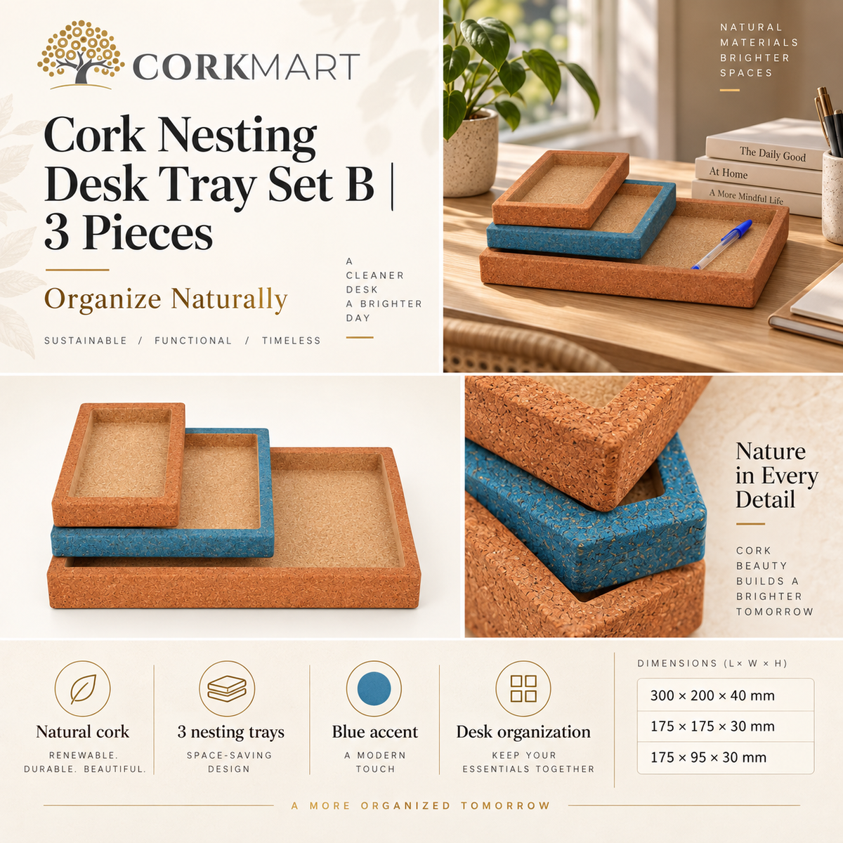Cork Nesting Desk Tray Set B editorial collage