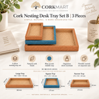 Cork Nesting Desk Tray Set B infographic with dimensions and features