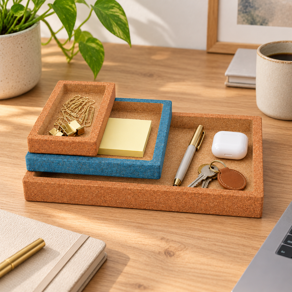 Cork Nesting Desk Tray Set B used to organize everyday desk essentials