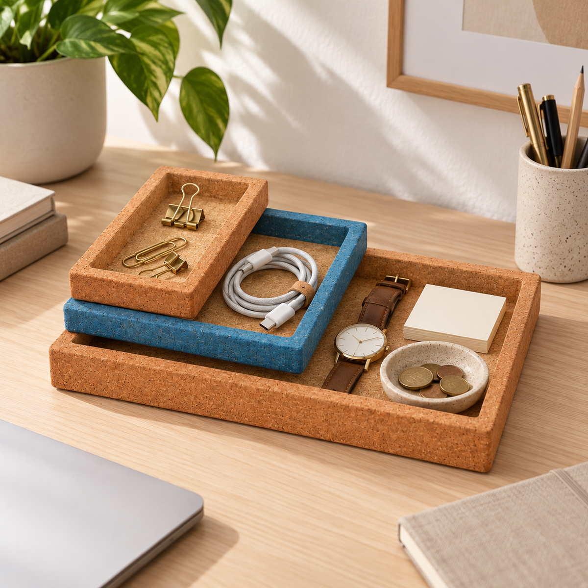 Cork Nesting Desk Tray Set B in a practical workspace