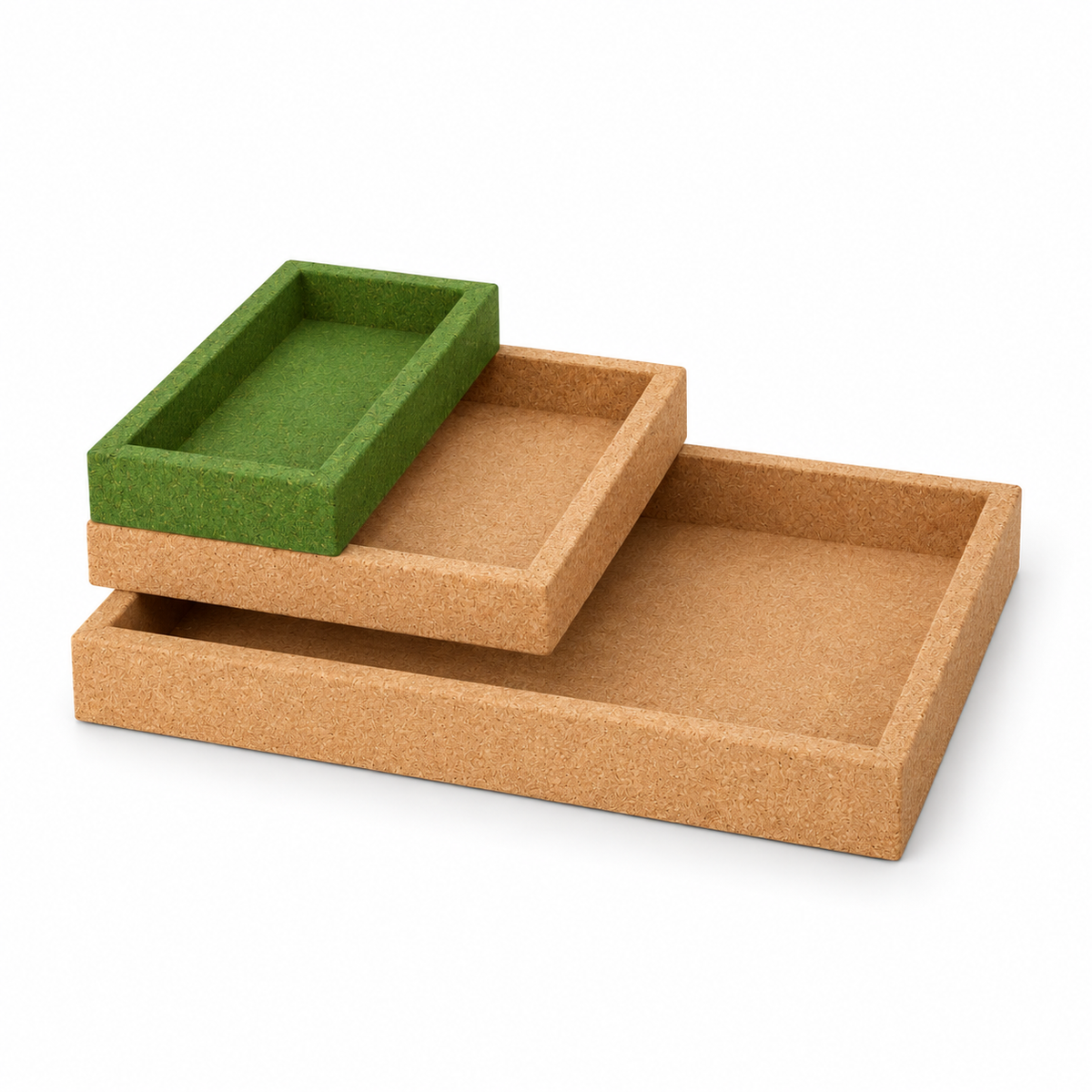 Cork Nesting Desk Tray Set C with green accent, angled view