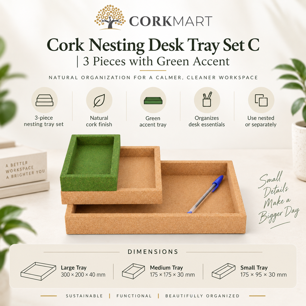Cork Nesting Desk Tray Set C infographic with dimensions and features