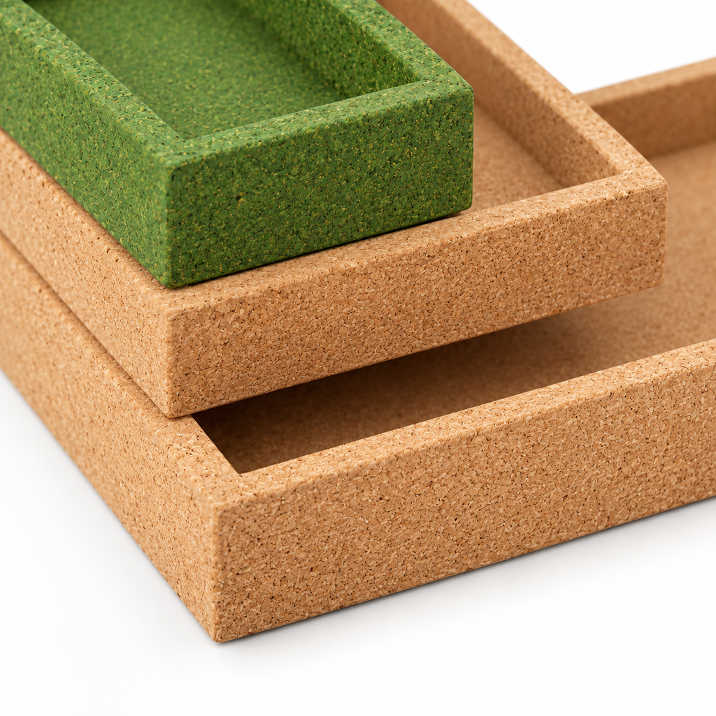 Cork Nesting Desk Tray Set C, natural cork texture and green accent detail