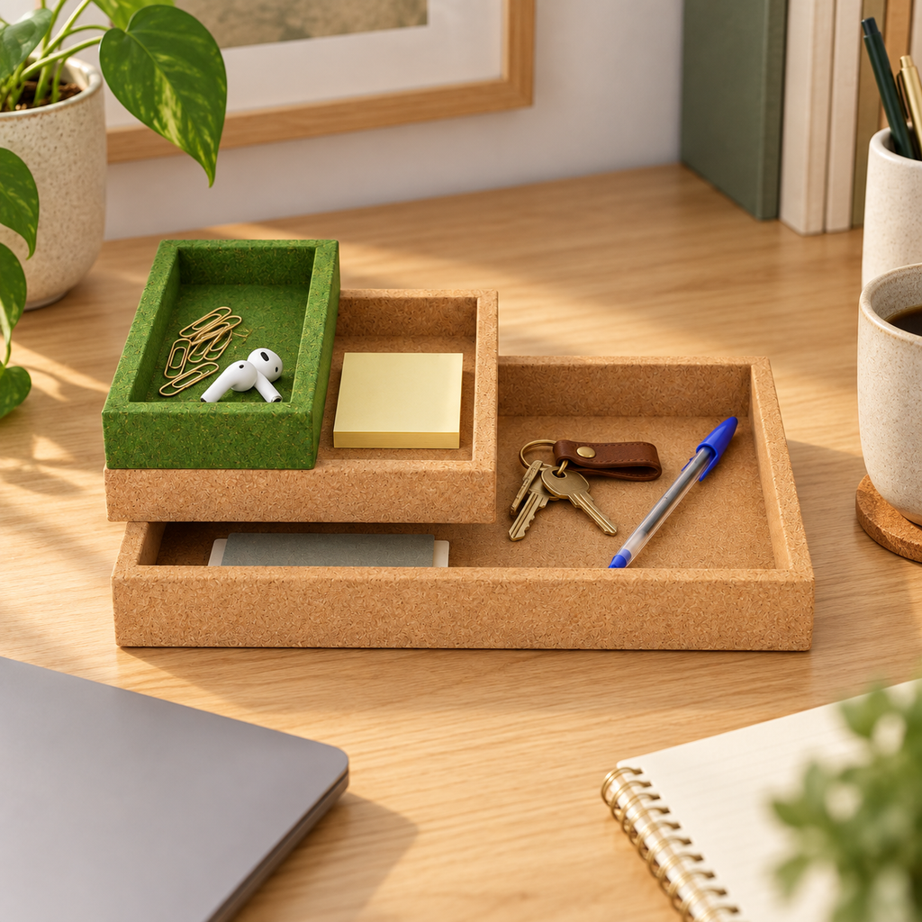 Cork Nesting Desk Tray Set C used to organize desk essentials
