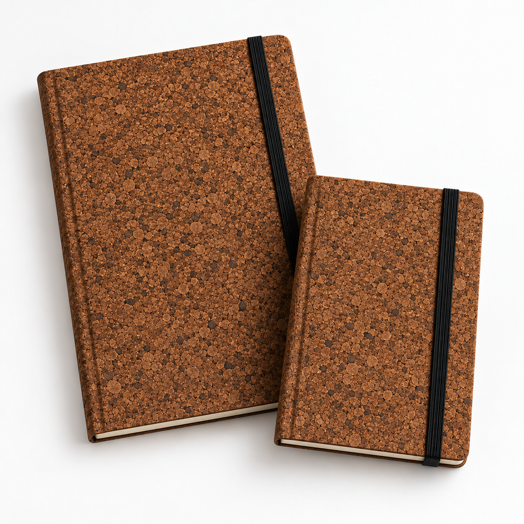 Cork Notebook with Elastic Closure | Brown Finish — A5 and A6 angled view