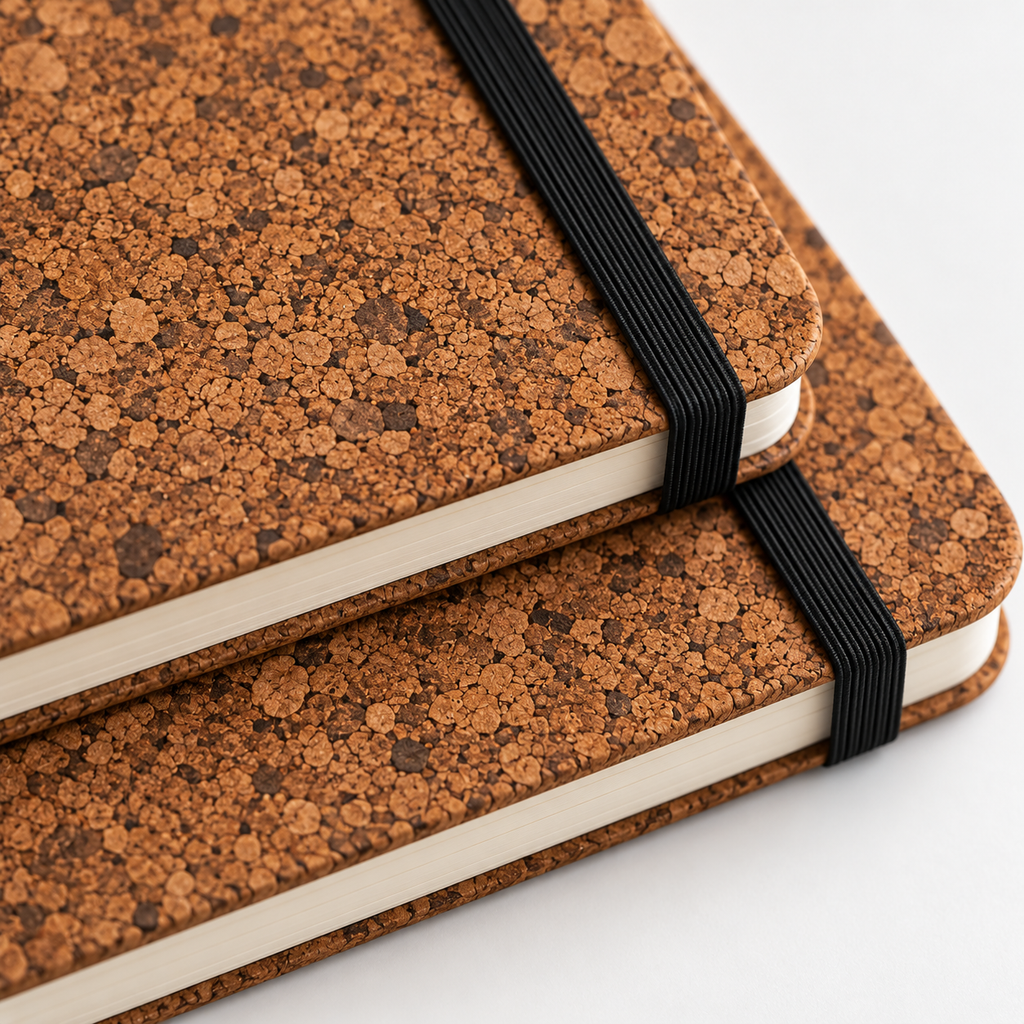 Cork Notebook with Elastic Closure | Brown Finish — close-up of brown cork texture and black elastic band