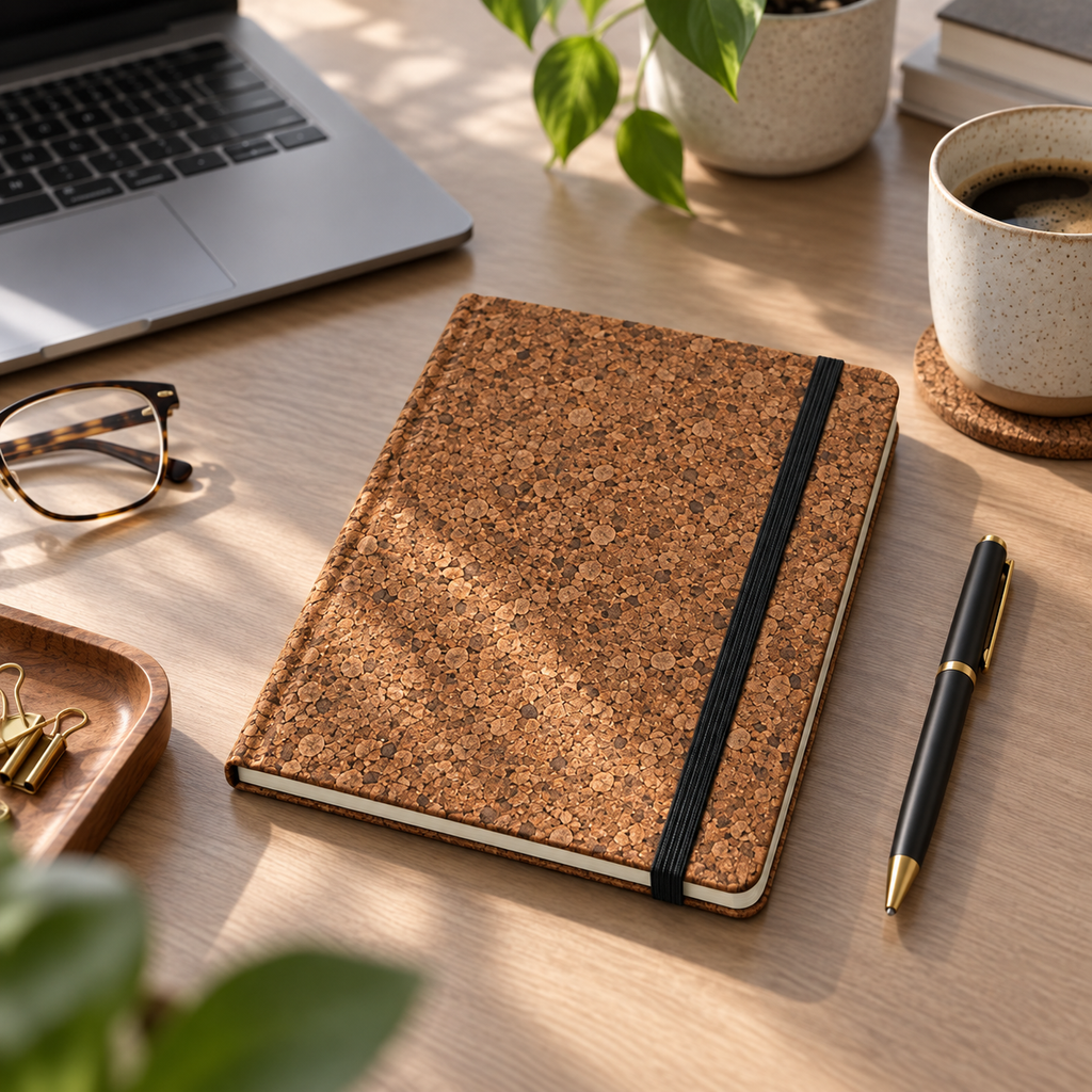 Cork Notebook with Elastic Closure | Brown Finish — notebook on an office desk