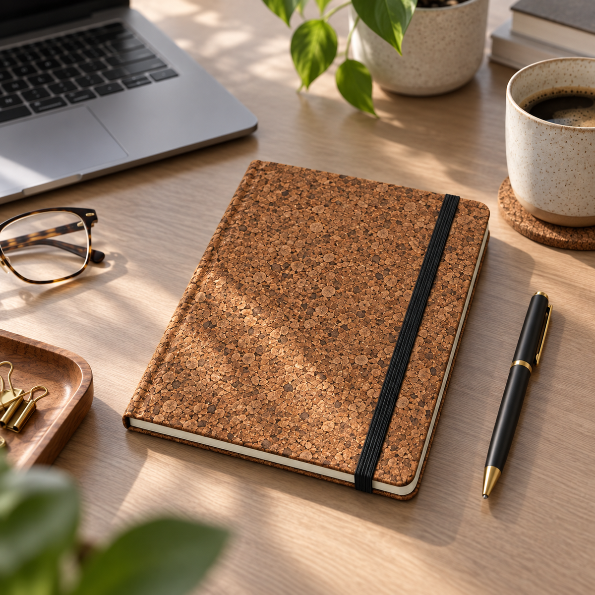 Cork Notebook with Elastic Closure | Brown Finish — notebook on an office desk