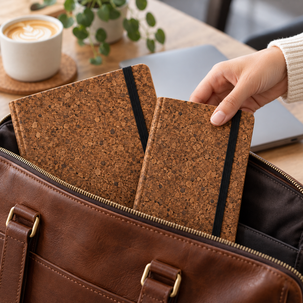Cork Notebook with Elastic Closure | Brown Finish — compact notebook being placed in a bag