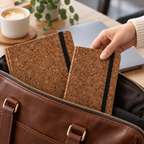 Cork Notebook with Elastic Closure | Brown Finish — compact notebook being placed in a bag