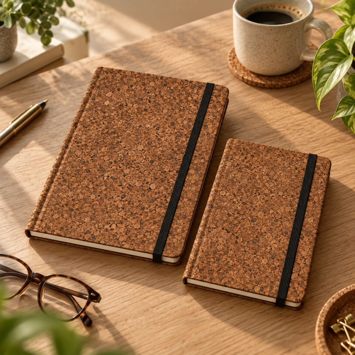 Cork Notebook with Elastic Closure | Brown Finish — A5 and A6 in a warm lifestyle setting