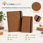 CorkMart infographic for Cork Notebook with Elastic Closure | Brown Finish — A5 and A6 dimensions and weights