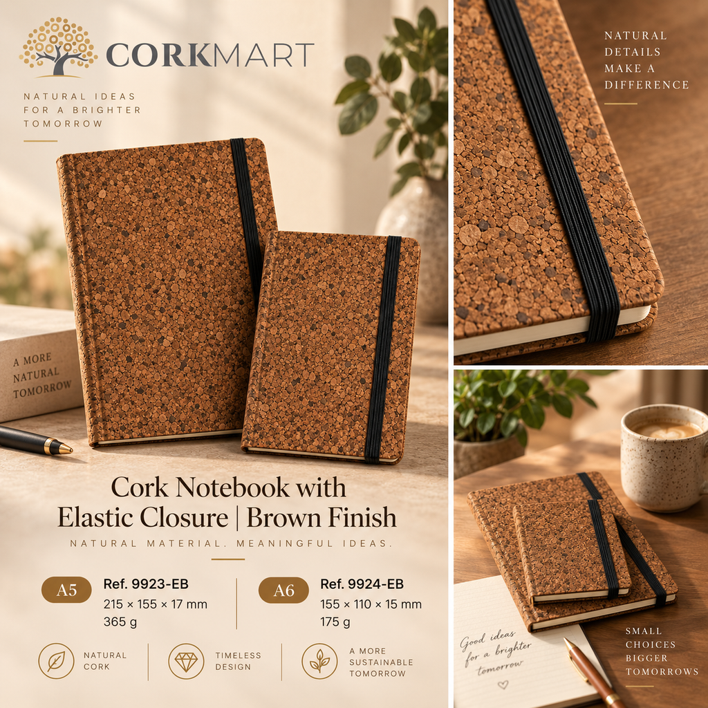 CorkMart editorial collage for Cork Notebook with Elastic Closure | Brown Finish