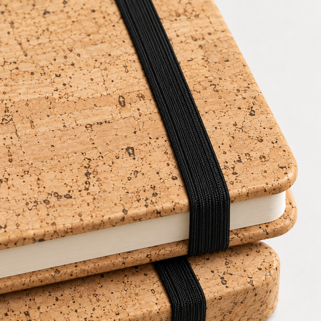 Cork Notebook with Elastic Closure | Natural Finish — close-up of cork texture and black elastic band