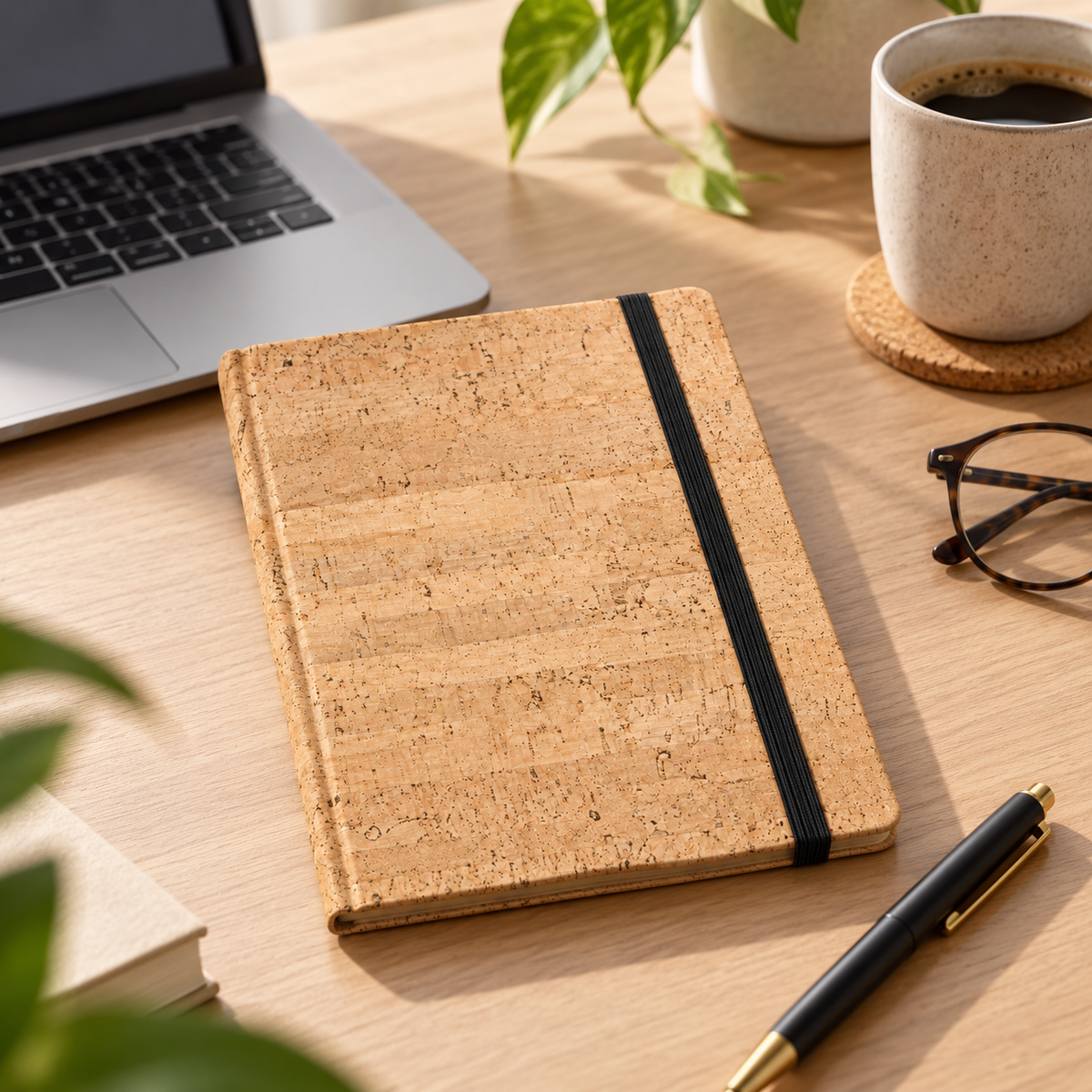 Cork Notebook with Elastic Closure | Natural Finish — notebook on an office desk