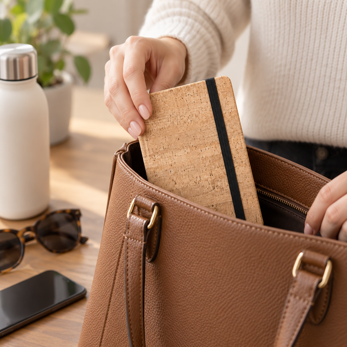 Cork Notebook with Elastic Closure | Natural Finish — compact notebook being placed in a bag