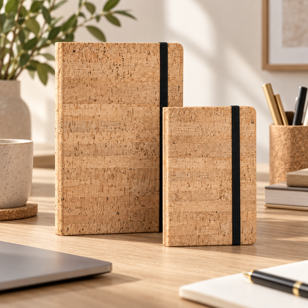 Cork Notebook with Elastic Closure | Natural Finish — A5 and A6 in a warm lifestyle setting
