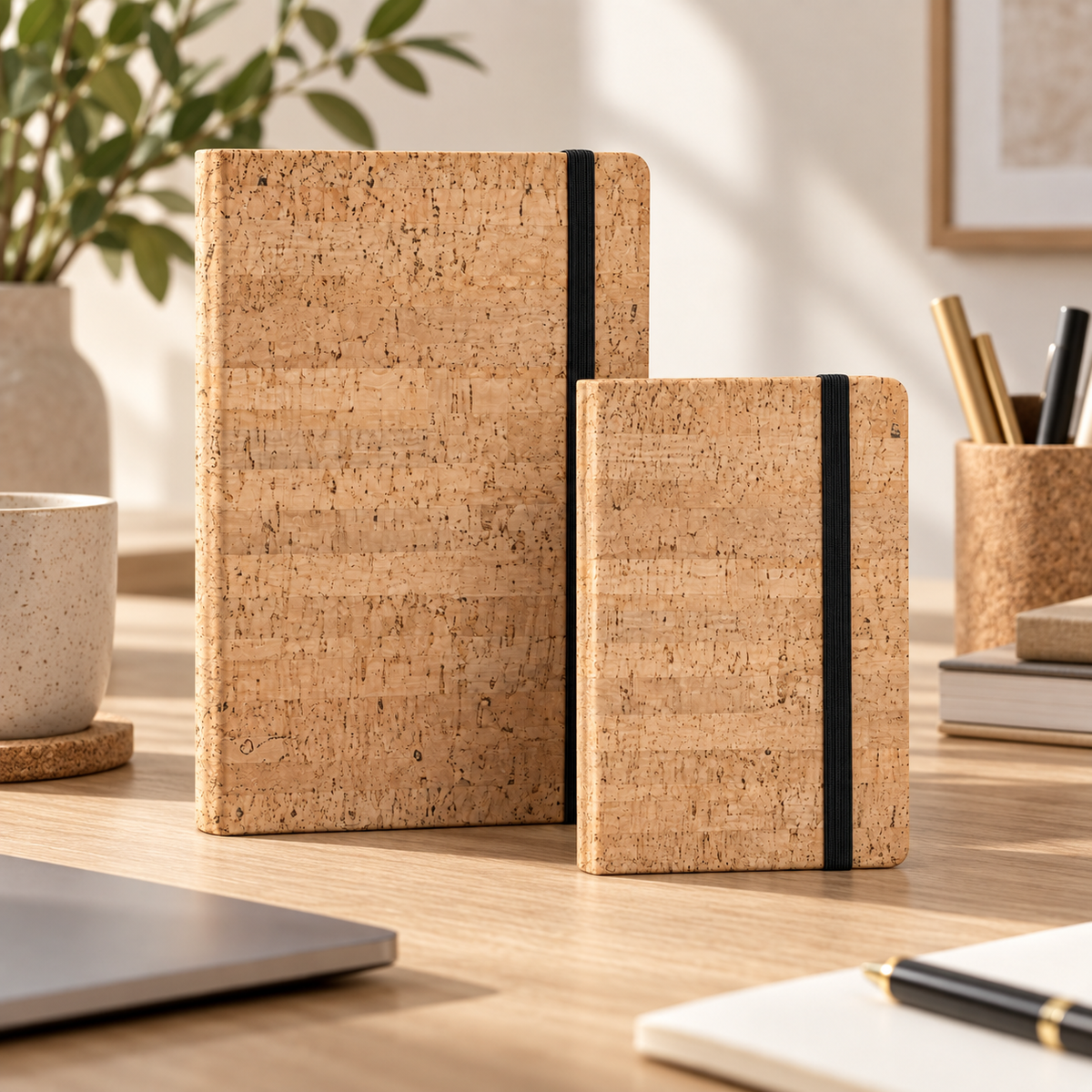 Cork Notebook with Elastic Closure | Natural Finish — A5 and A6 in a warm lifestyle setting