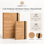 CorkMart infographic for Cork Notebook with Elastic Closure | Natural Finish — A5 and A6 dimensions and weights