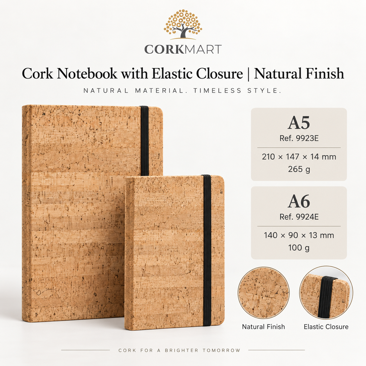 CorkMart infographic for Cork Notebook with Elastic Closure | Natural Finish — A5 and A6 dimensions and weights
