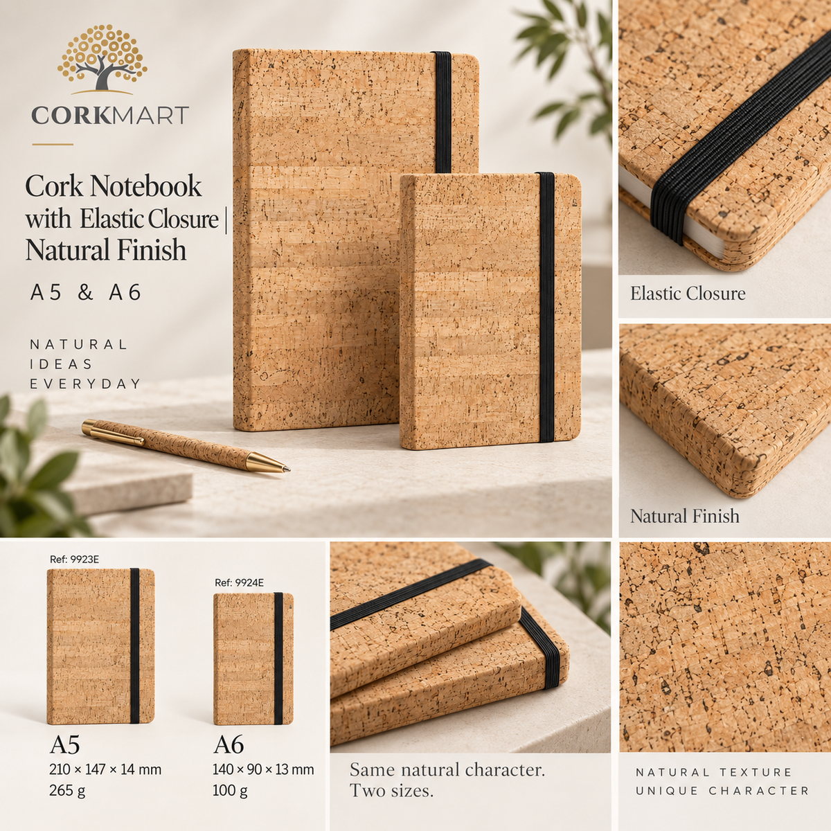 CorkMart editorial collage for Cork Notebook with Elastic Closure | Natural Finish