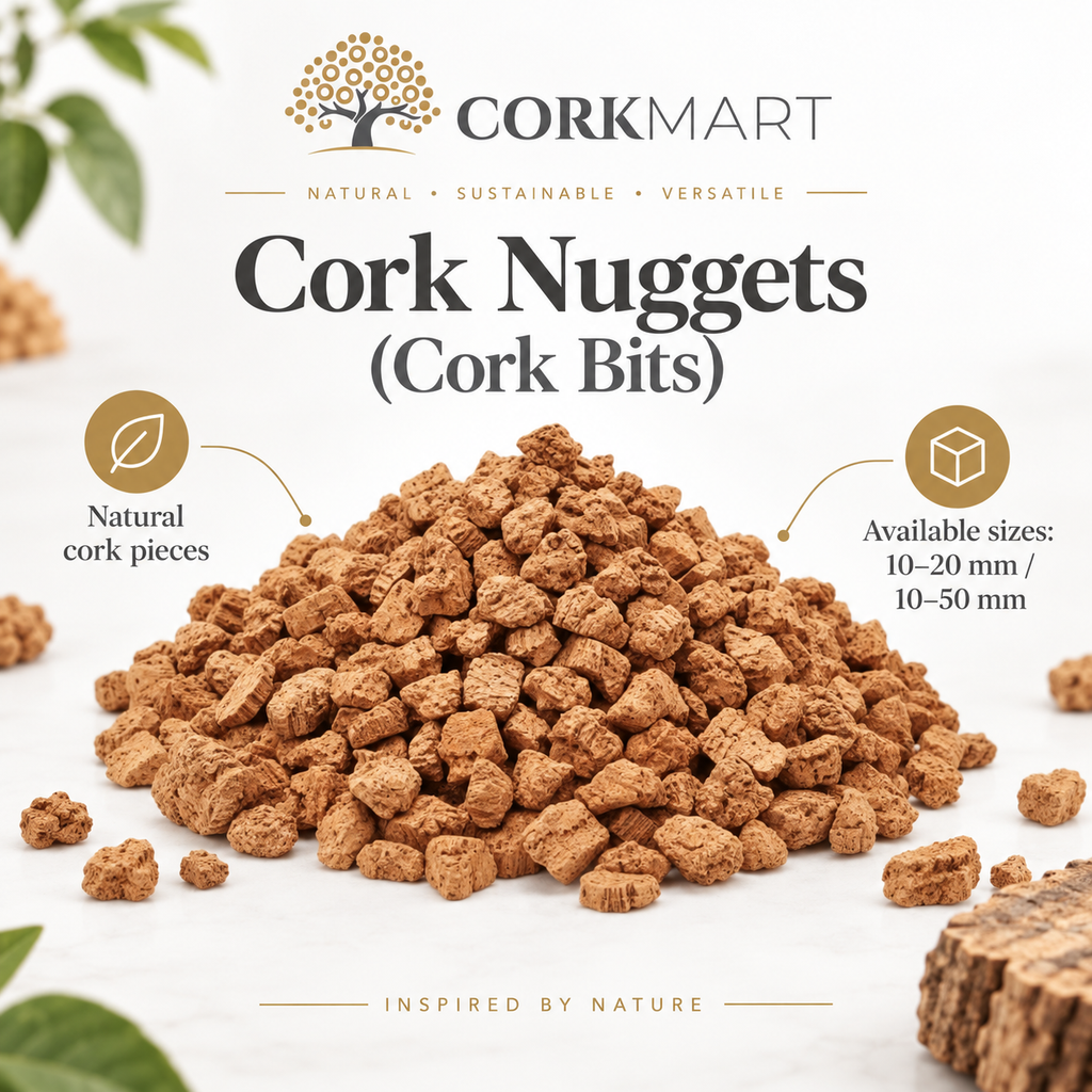 CorkMart infographic for Cork Nuggets (Cork Bits), available in 10–20 mm and 10–50 mm