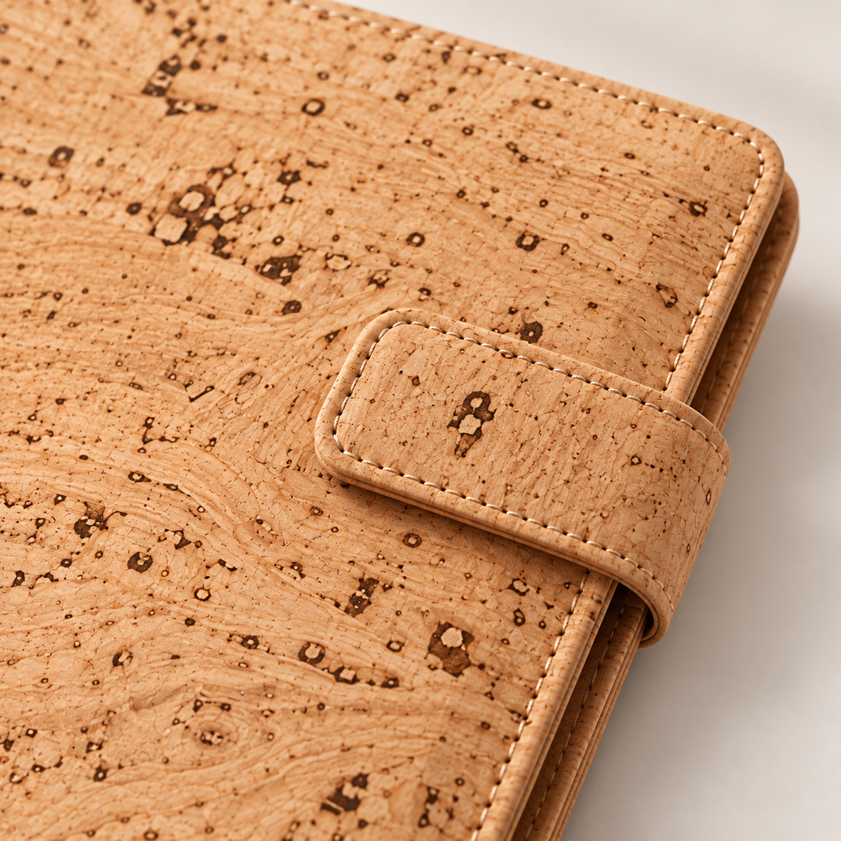 Natural cork grain and stitched closure detail on Cork Portfolio