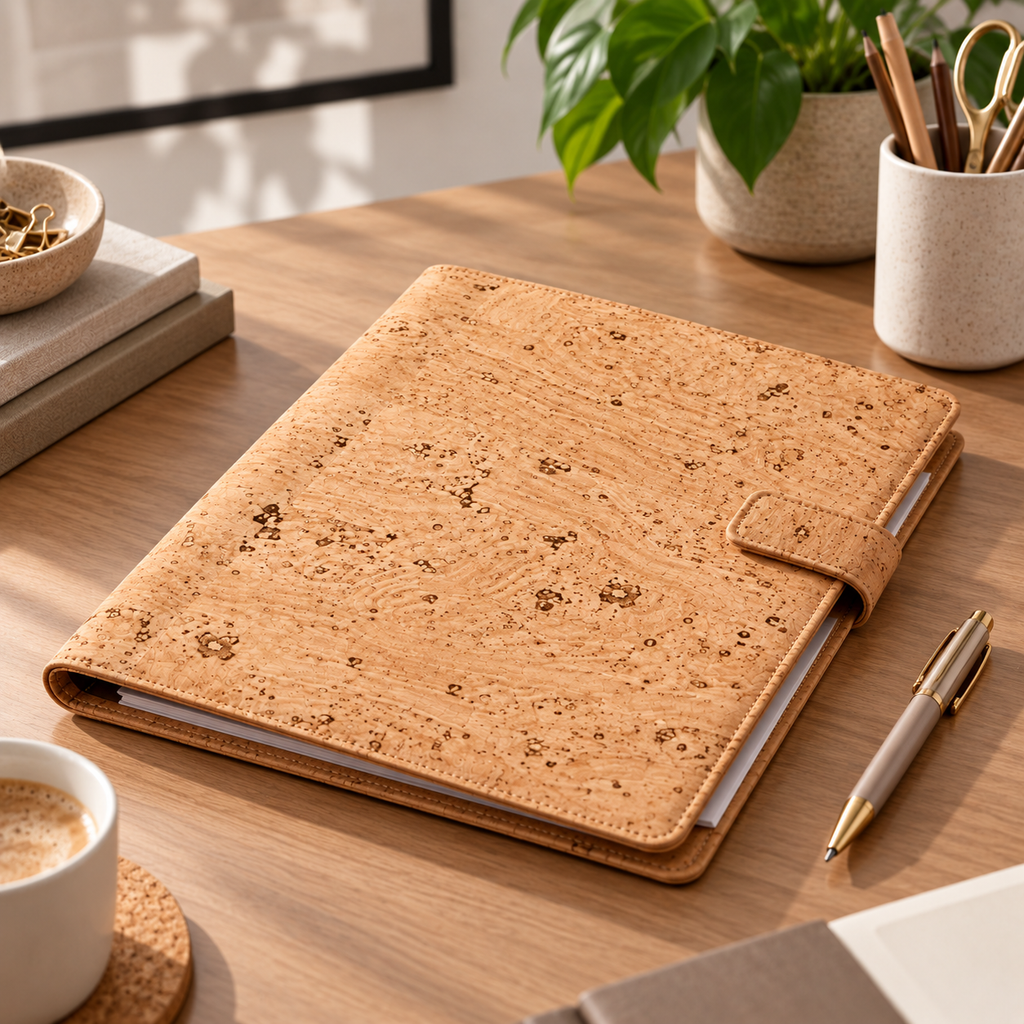 Natural Cork Portfolio used on a warm office desk