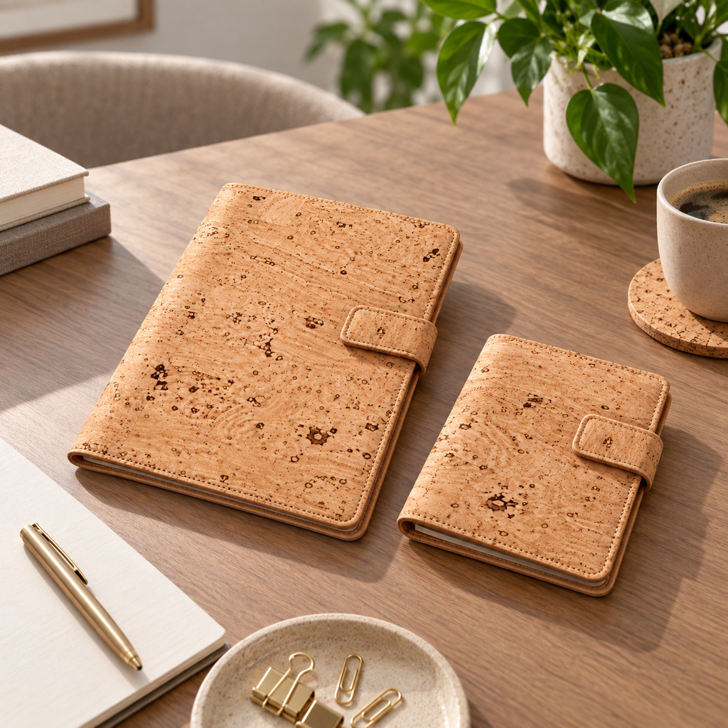 Natural Cork Portfolios in a home workspace setting